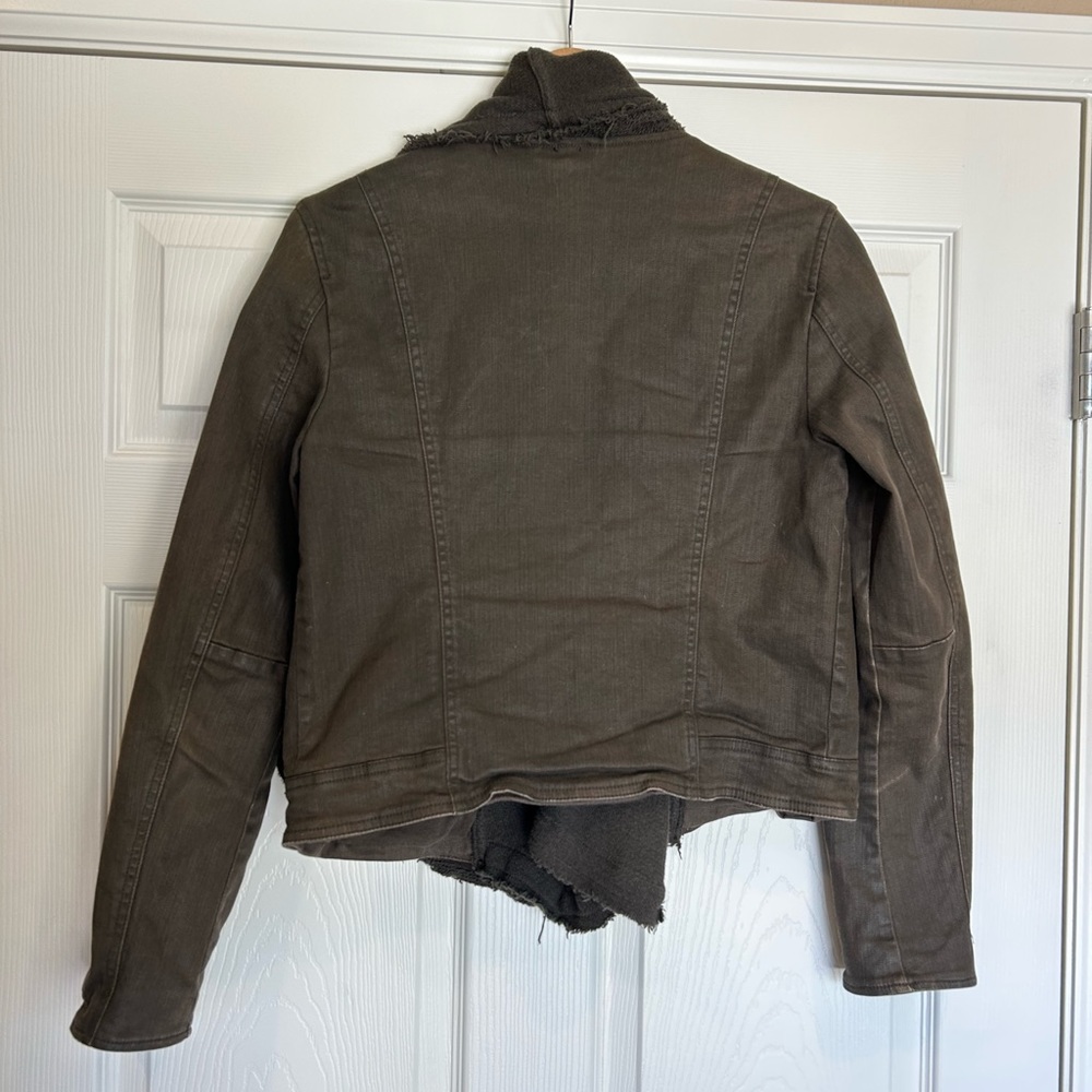 Free People Drape Front Coated Denim Moto Jacket | Olive/Green | Size 10 - Picture 11 of 14